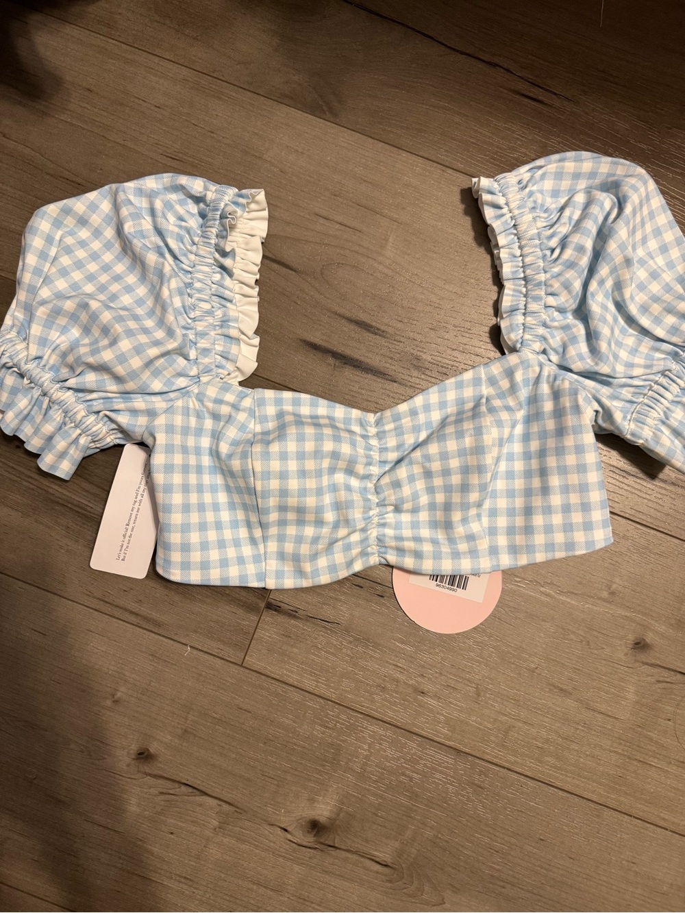 Selkie Blue and White Gingham Puff-Sleeve babydoll Bikini Top